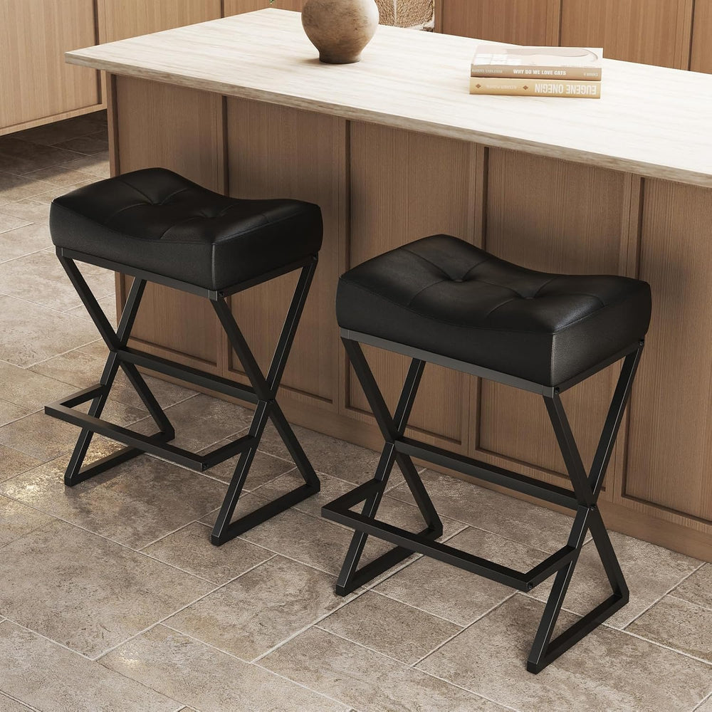 Counter Height Bar Stools Set of 2, Backless 26" Saddle Barstools, Black