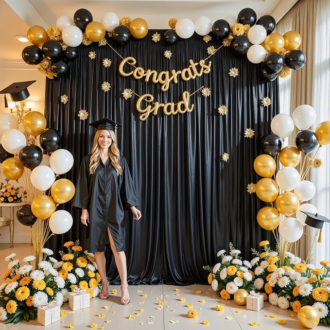10x10 ft Black Glitter Backdrop Curtain for Parties, Wrinkle Free Satin Photo...
