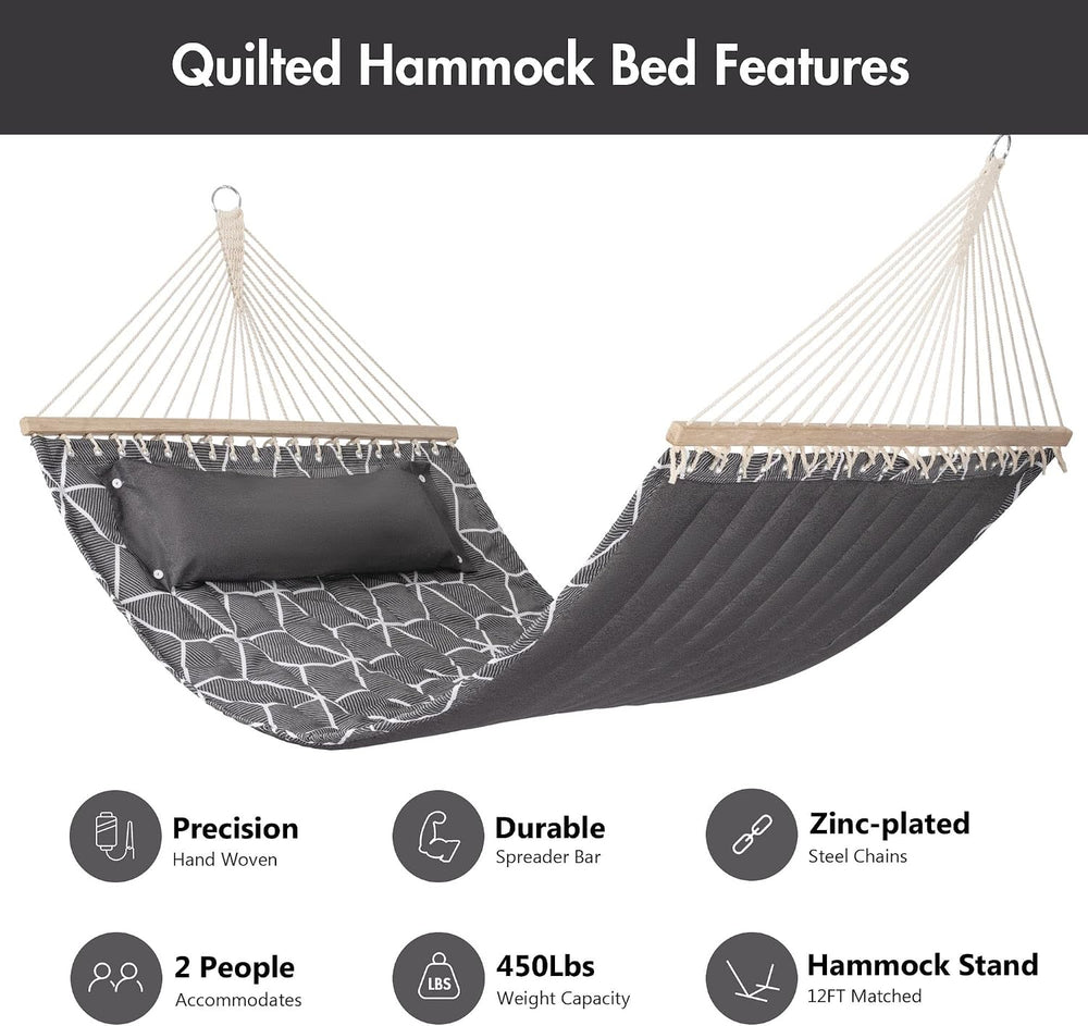 ANOW Double Quilted Hammock with Spreader Bars and Large Pillow, Gray Cube