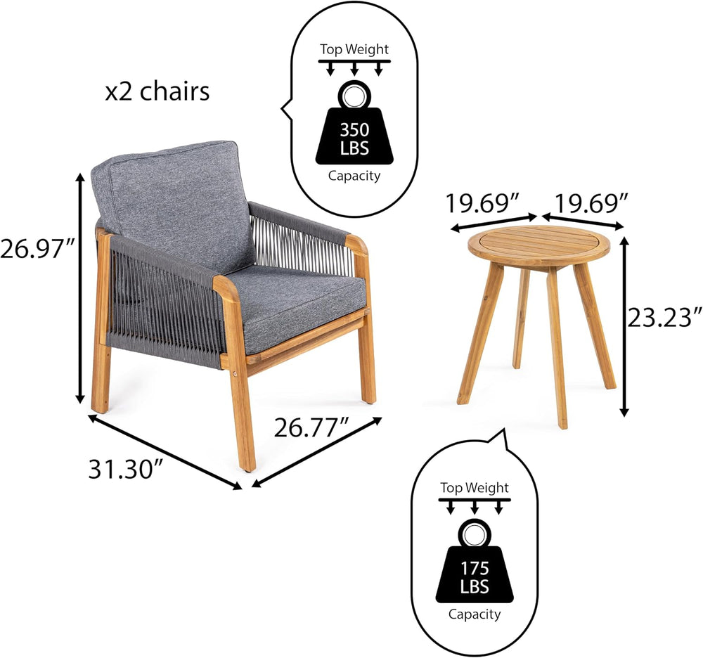 JONATHAN Y Aveiro 3-Pc Acacia Patio Conversation Set, Teak Brown/Gray