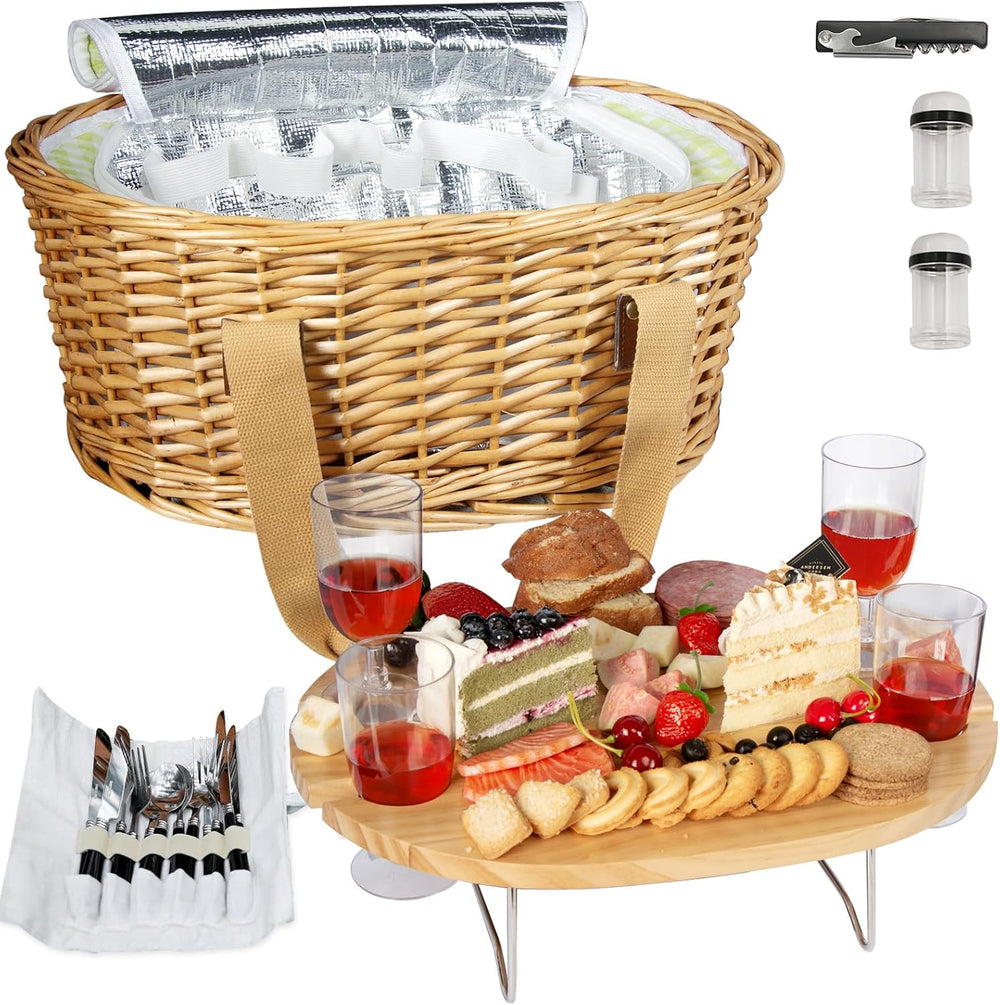 Hap Tim Wicker Picnic Basket Set for 4 with Mini Folding Wine Picnic Table &a...