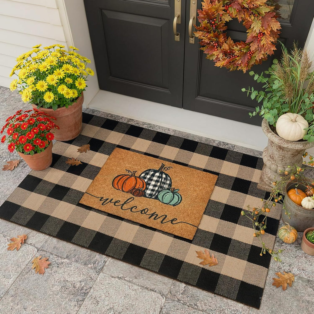 Uphome Bufflo Plaid Outdoor Rug 3'x5', Black Natural Checkered Front ...