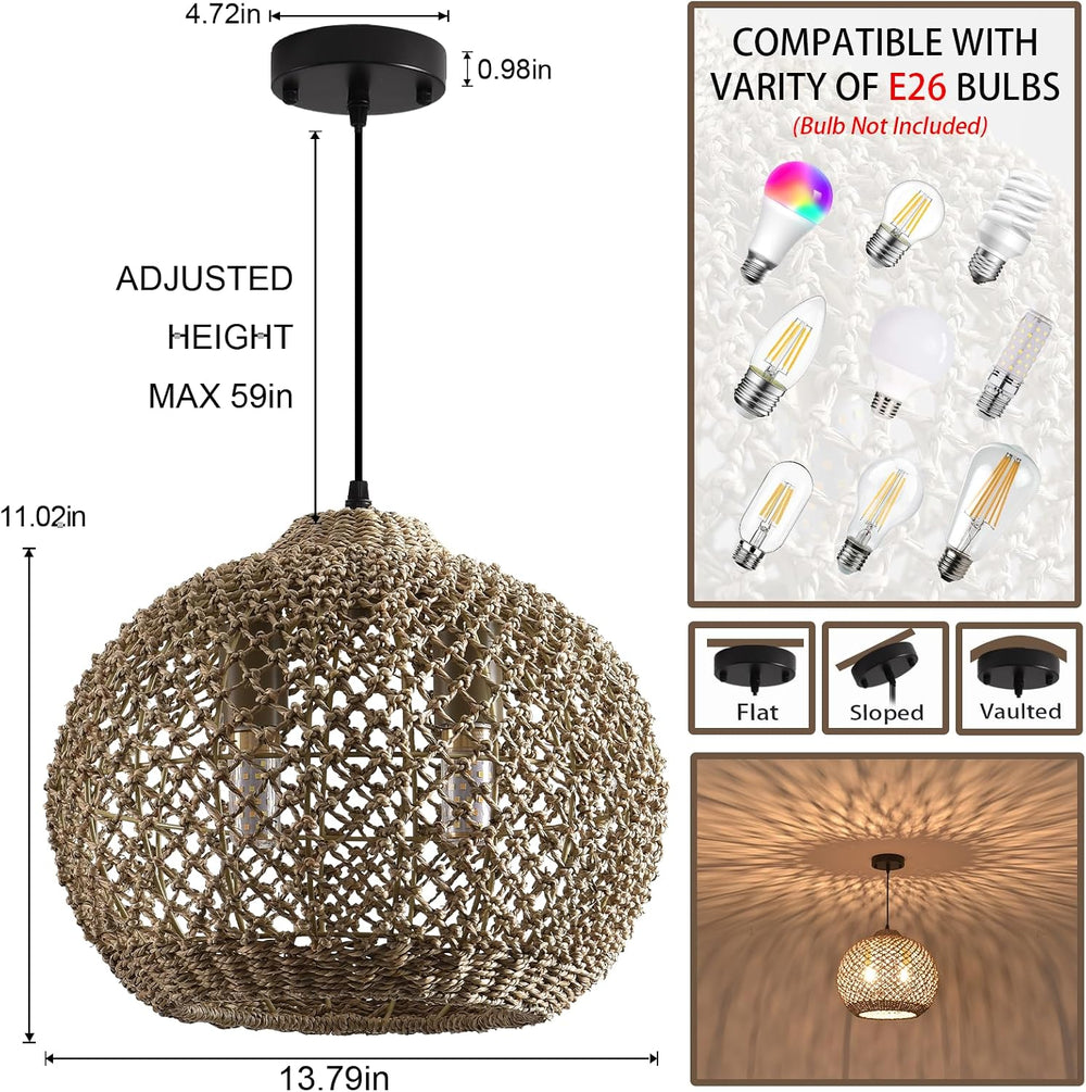 Boho Rattan Pendant Light Fixture 13.79" 2-Light Wicker Lights