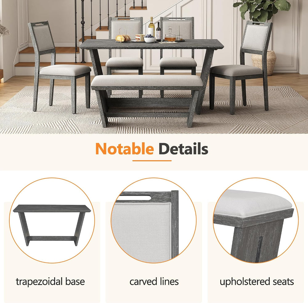 Merax 6-Piece Retro Dining Set, 1 Rectangular Table with Stable Trapezoidal T...