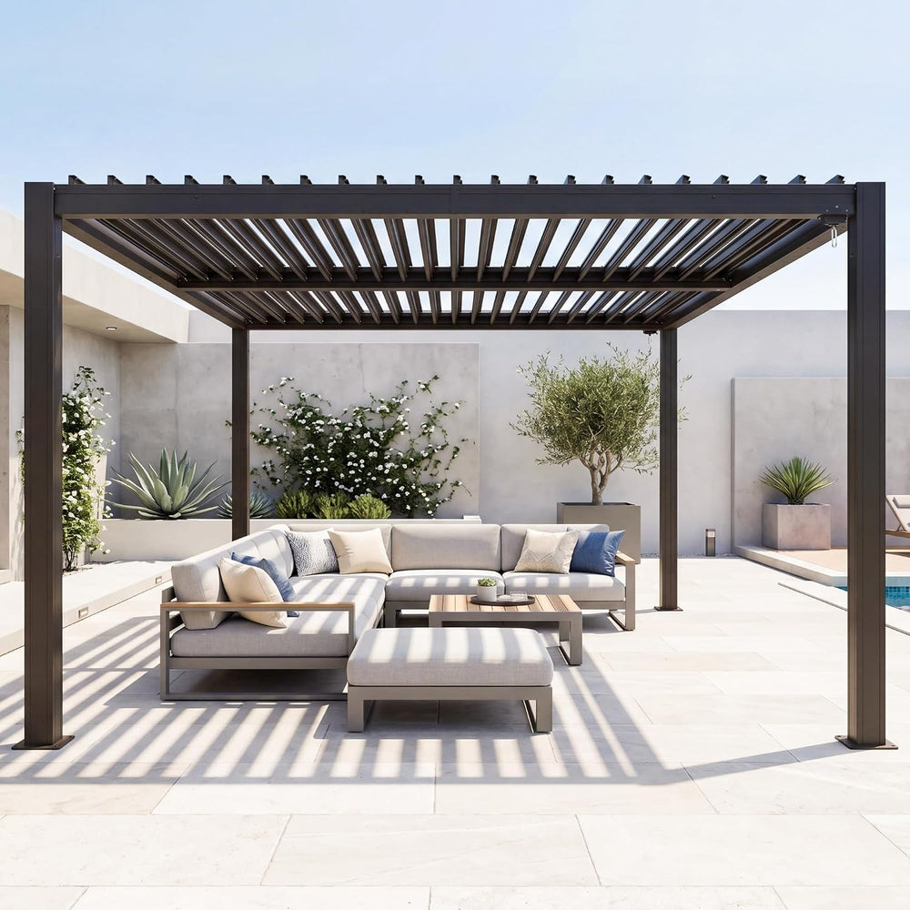 Domi Louvered Pergola 10x12, Outdoor Metal Pergola, Espresso Brown