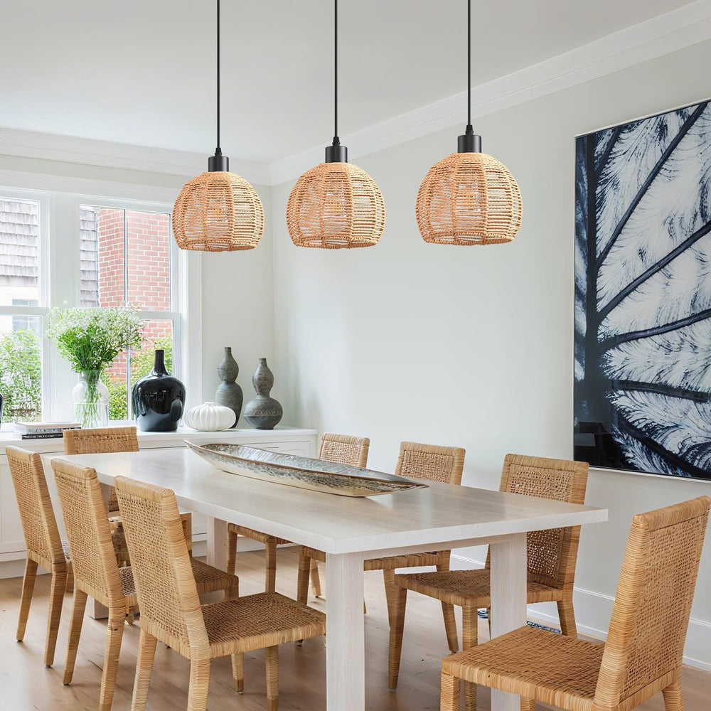 Woven Pendant Light Boho Chandelier, Rattan Pendant Lights Kitchen Island, Fa...