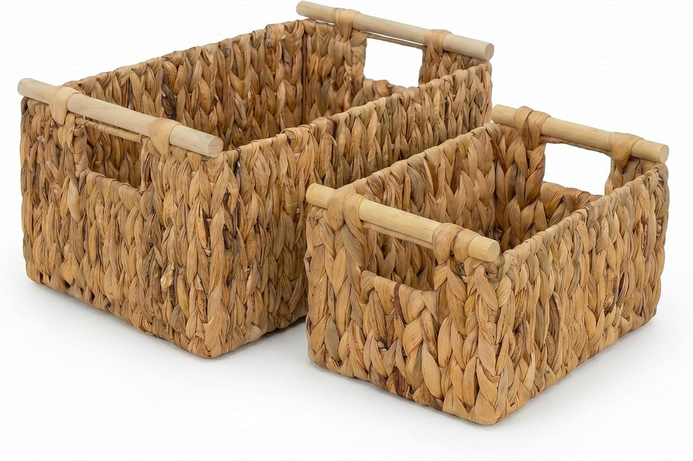Water Hyacinth Storage Baskets, Wicker Shelf Baskets with Wooden Handle
