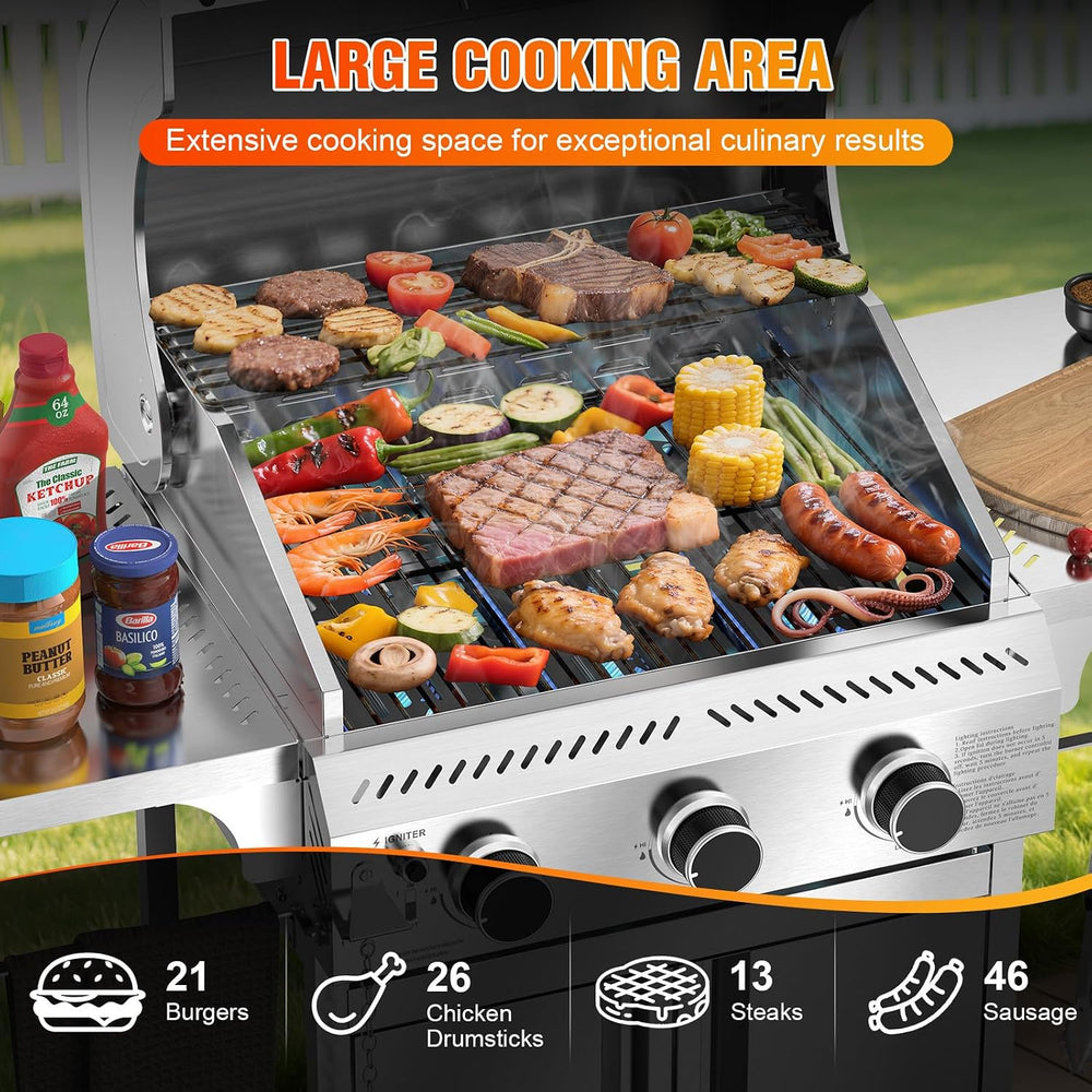 Electactic G31 Gas Grill, 3-Burner Gas Grill with Folding Side Tables,Stainle...
