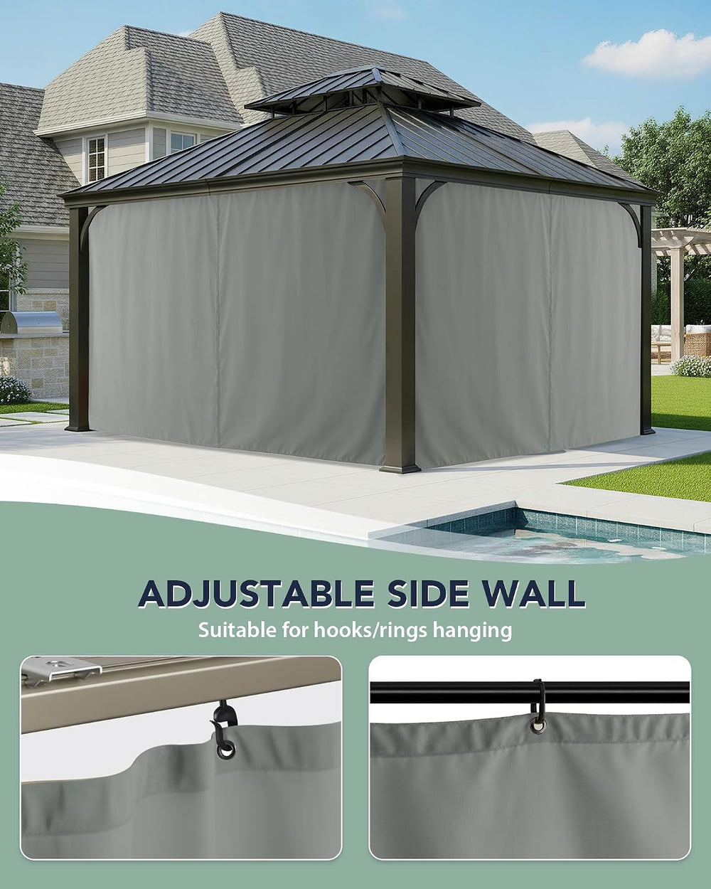 Patio Curtains Outdoor Waterproof with Zipper, 4-Panel, Grey