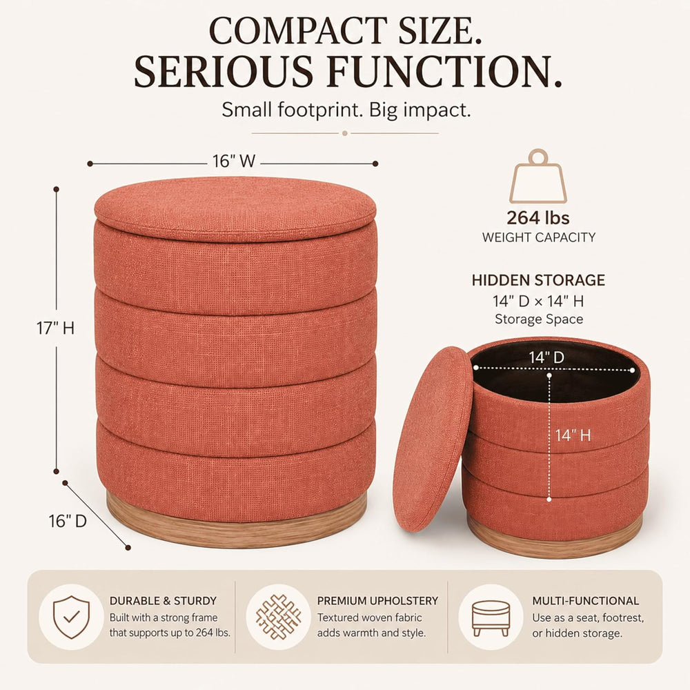 Linen Storage Ottoman Round Footrest with Hidden Storage, Coral Orange 16&quo...