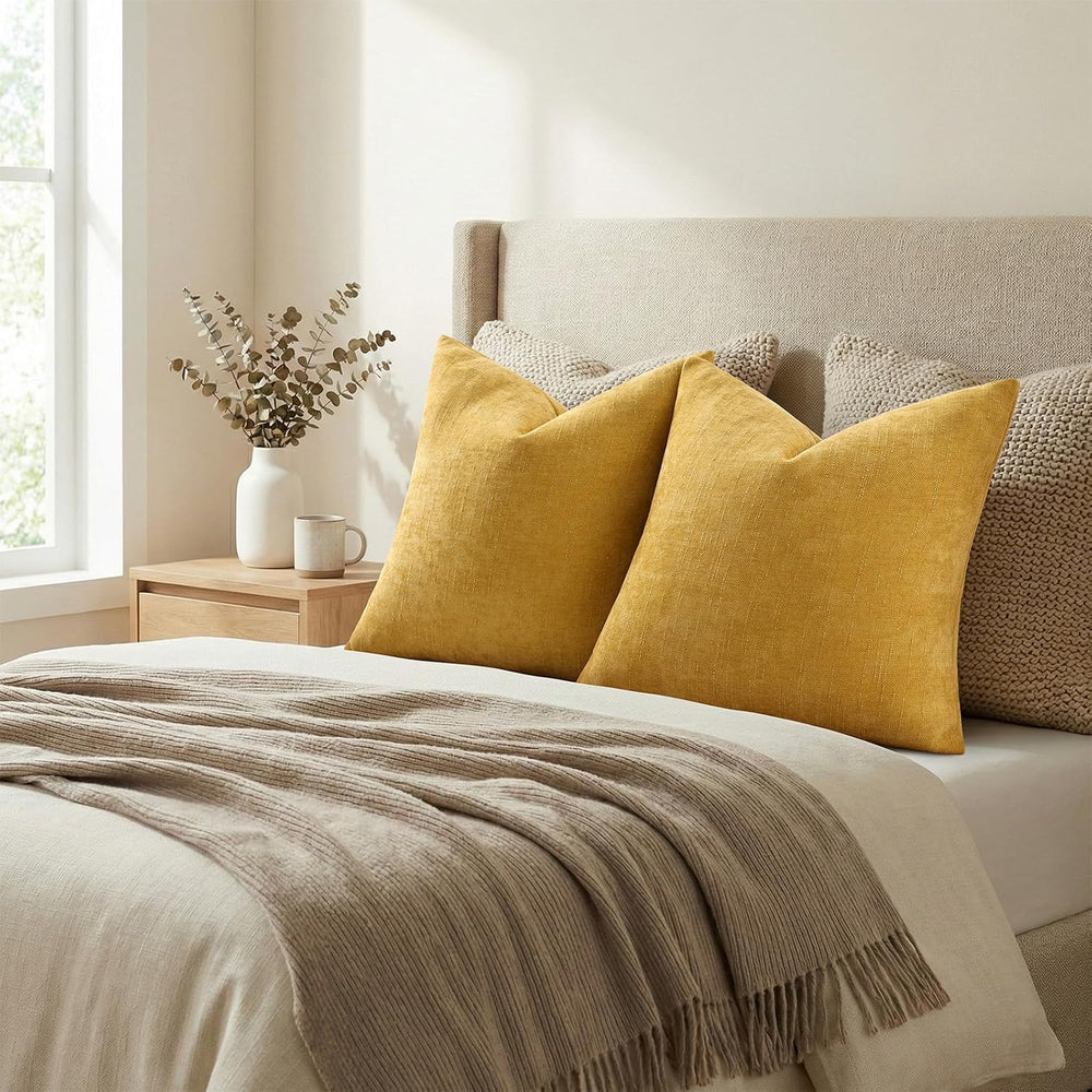 decorUhome Chenille Throw Pillow Covers 26x26 Set of 2, Mustard Yellow