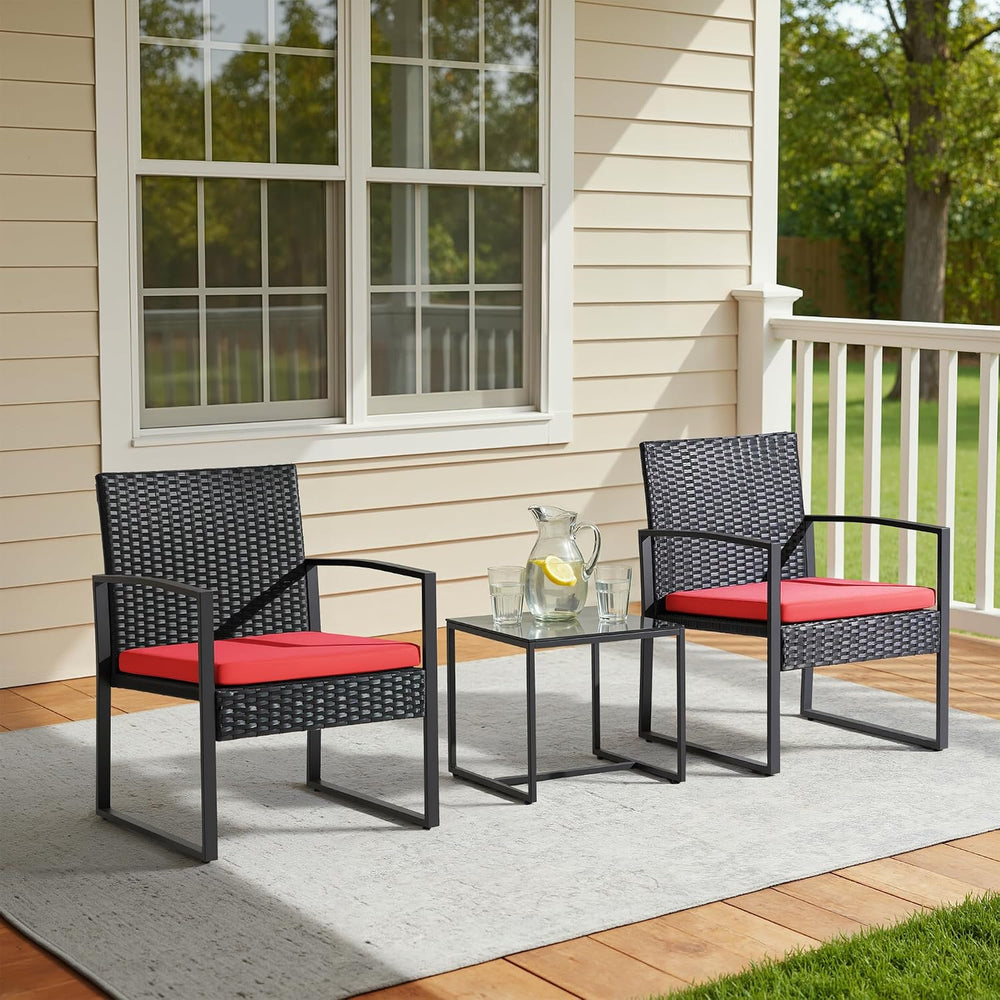 Greesum 3 Piece Wicker Conversation Bistro Sets Outdoor Patio Set(Red)