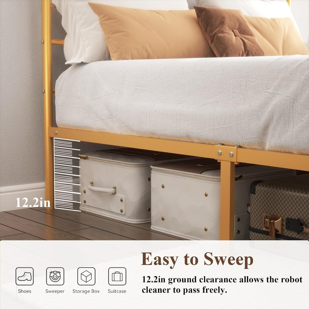 King Canopy Bed Frame, Gold Metal Bed, No Box Spring Needed