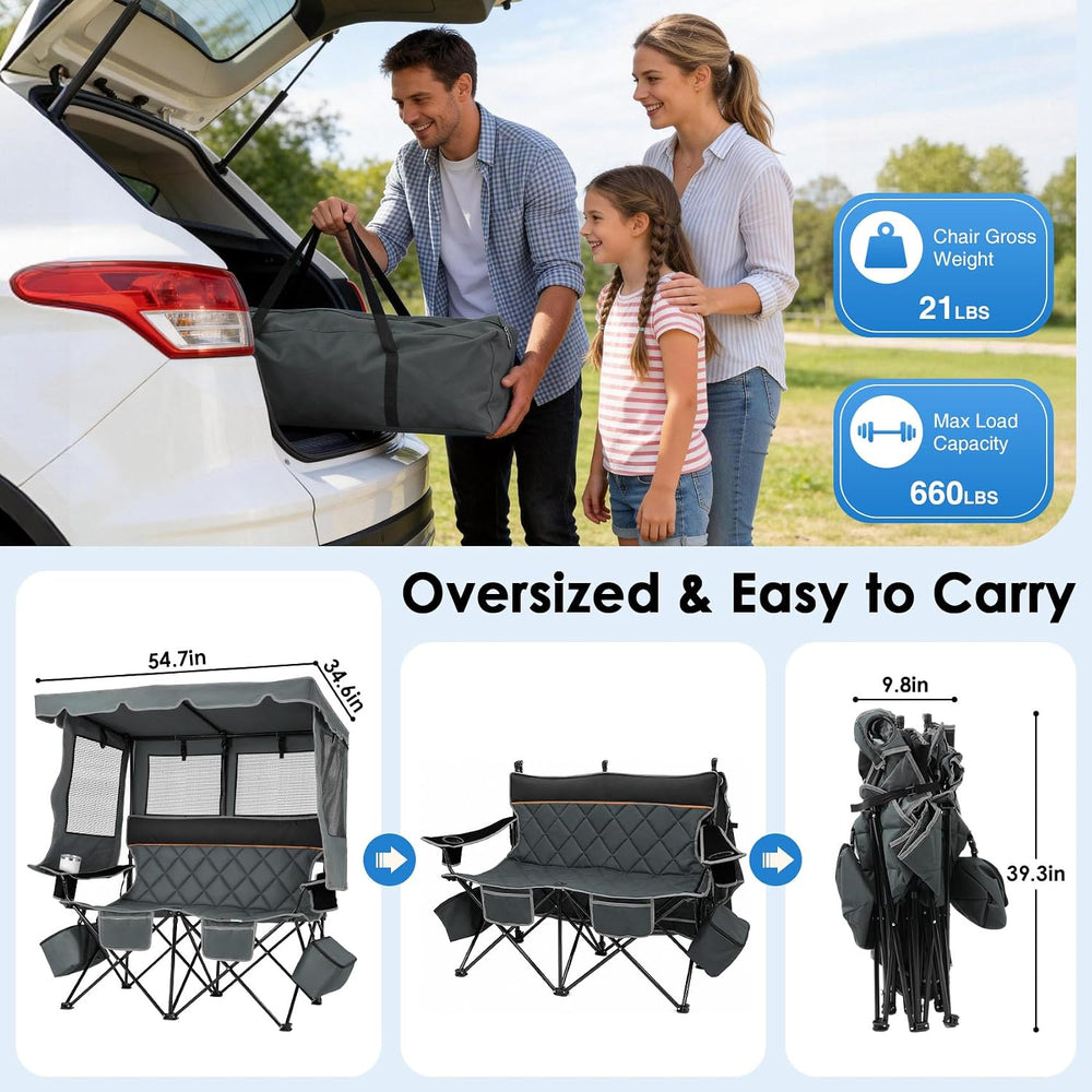 Suteck Double Camping Chair with Canopy, 660lbs Folding Loveseat with Shade