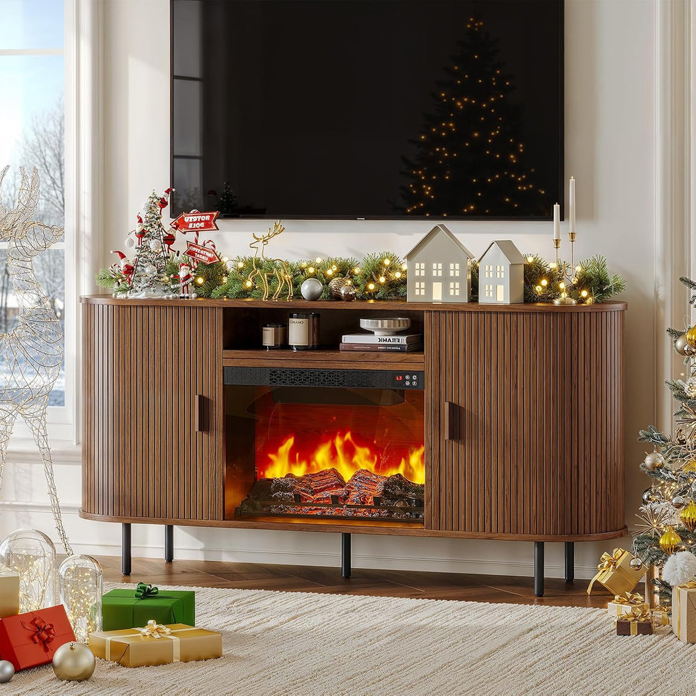 ComfyCorner 63" Fluted Fireplace TV Stand with Sliding Doors & Power...