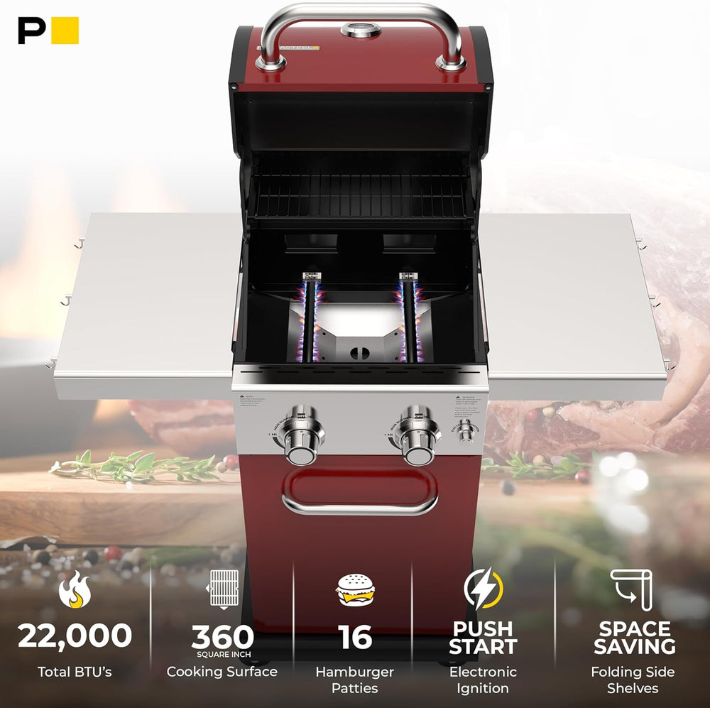 Permasteel 2-Burner Propane Gas Grill, BBQ Grill with Foldable Side Tables &a...