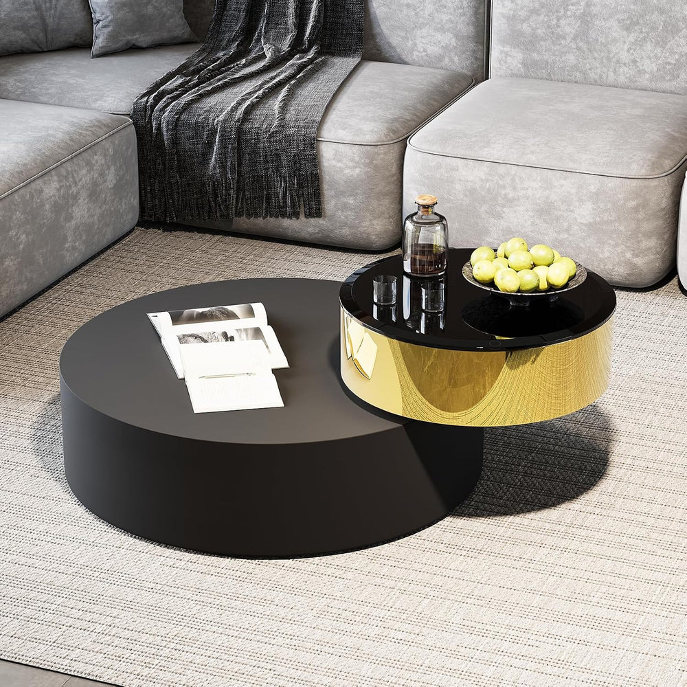 Asday Black Gold Round Swivel Coffee Table, 2 Tiers Rotating Center Table