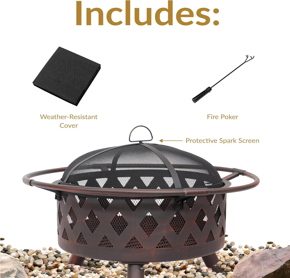 Sunnydaze Crossweave 30" Small Outdoor Fire Pit, Wood Burning, Round