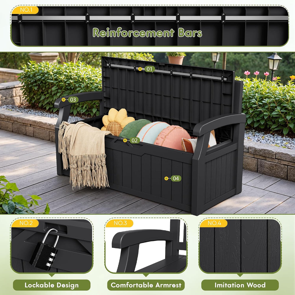 Greesum 80 Gallon Storage Bench Outdoor Deck Box with Armrest, Black
