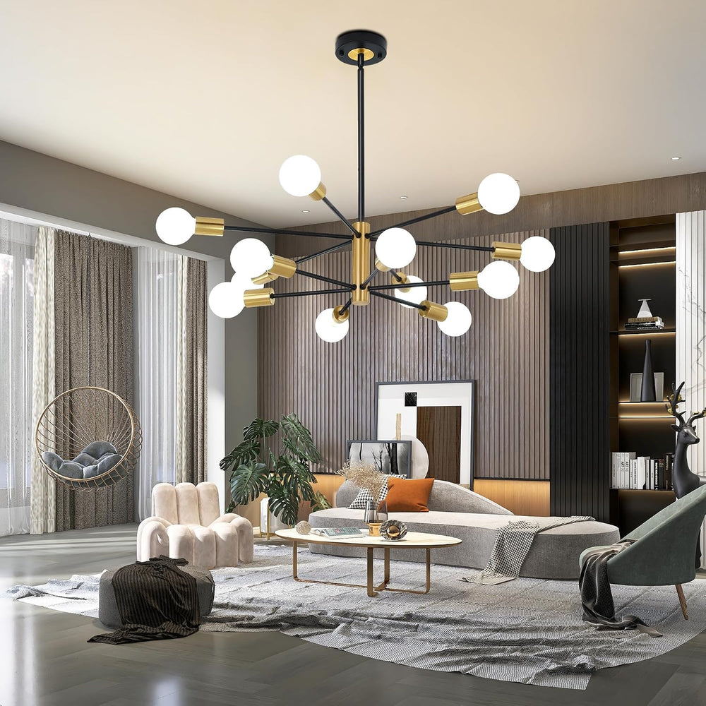 12-Light Modern Sputnik Chandelier, Mid Century Black Gold Ceiling Chandelier...