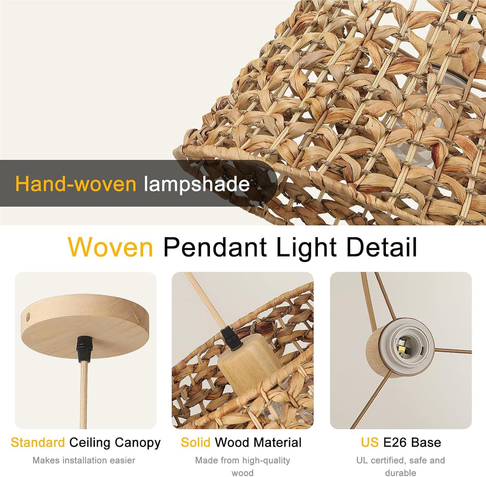 Rattan Pendant Light, 15.8" Boho Wicker Chandelier, Hand-Woven