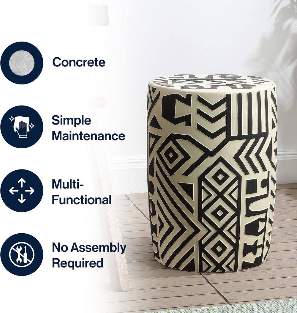 JONATHAN Y Rafi Drum Garden Stool 17.75" Concrete Patio, Black/Cream