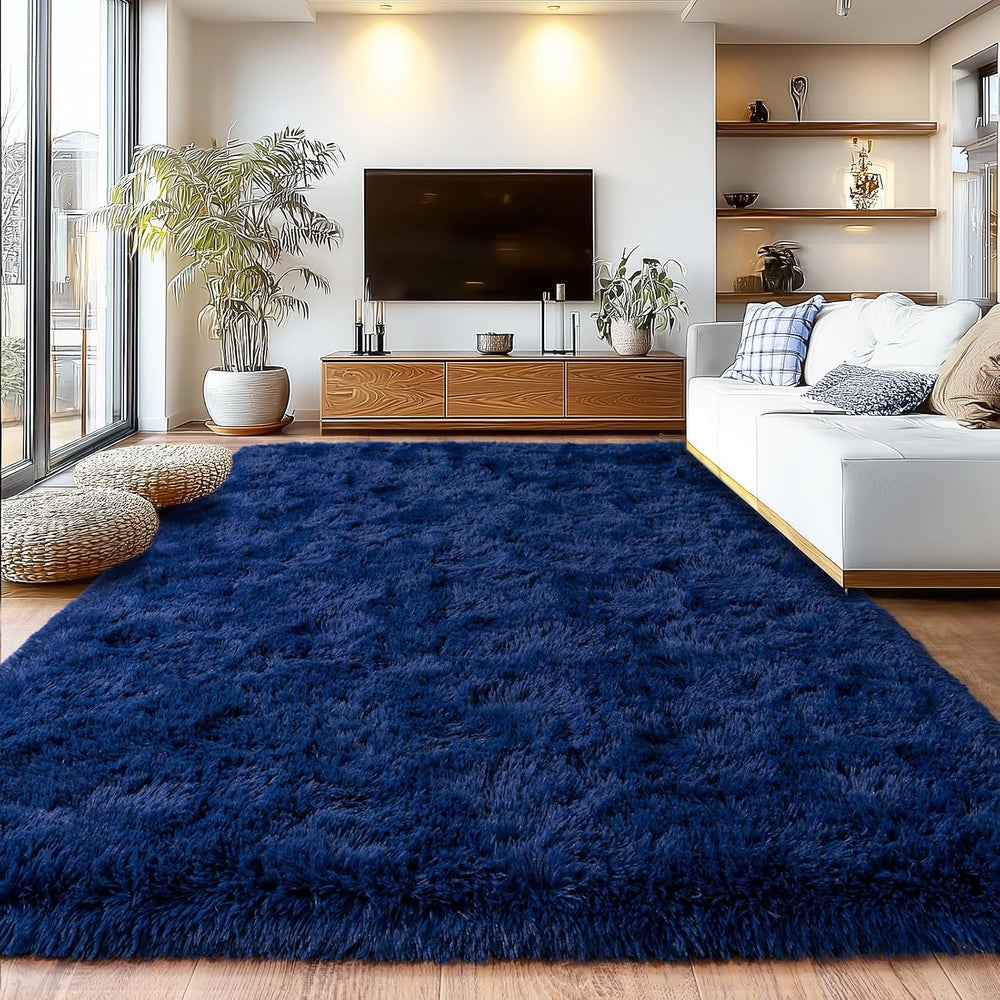 8x10ft Navy Blue Area Rug, Living Room Shaggy Rugs High Pile Fuzzy Carpet