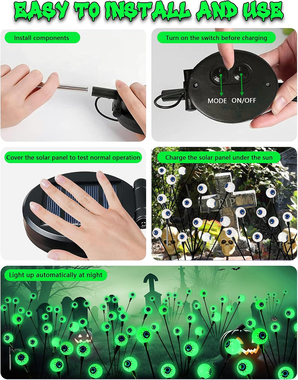 Solar Halloween Decorations Outdoor 6 Pack 36 LED Green Solar Eyeball Light