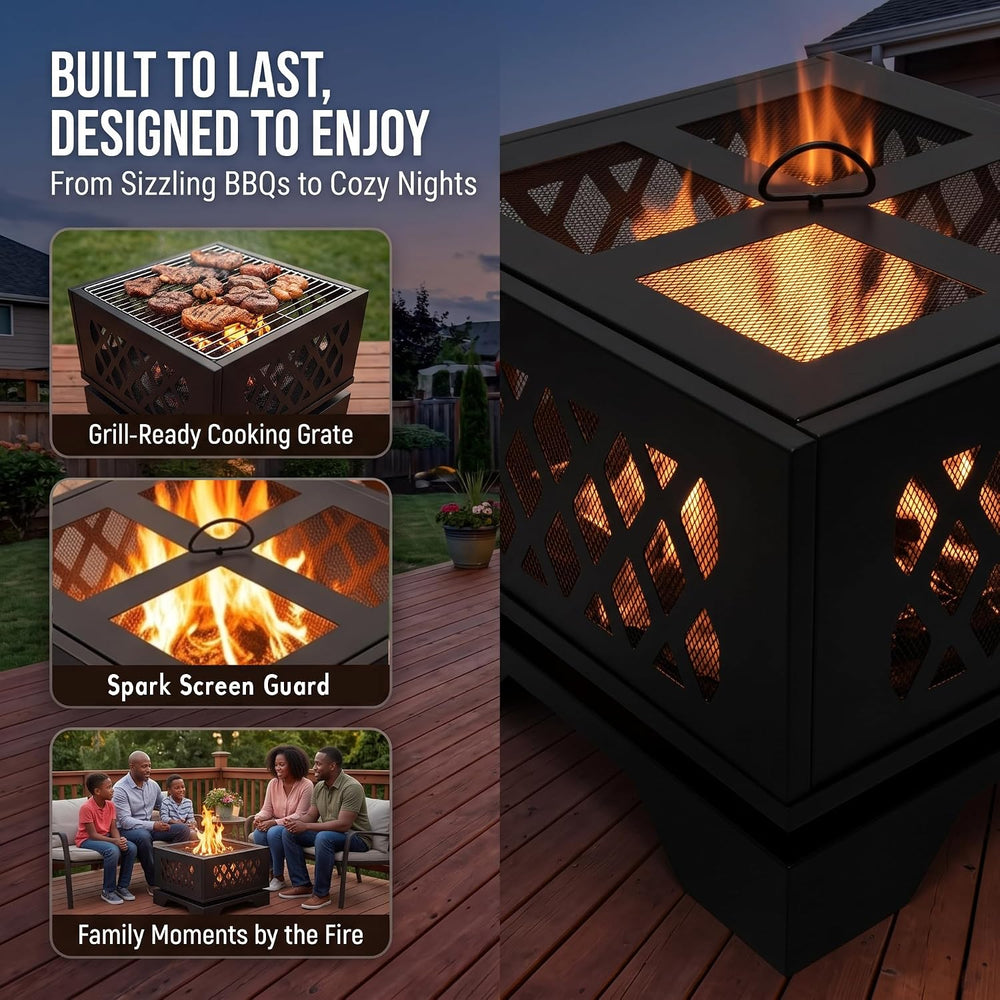 Kingson 20" Square Outdoor Fire Pit, 2-in-1 BBQ Grill, Heavy-Duty Steel