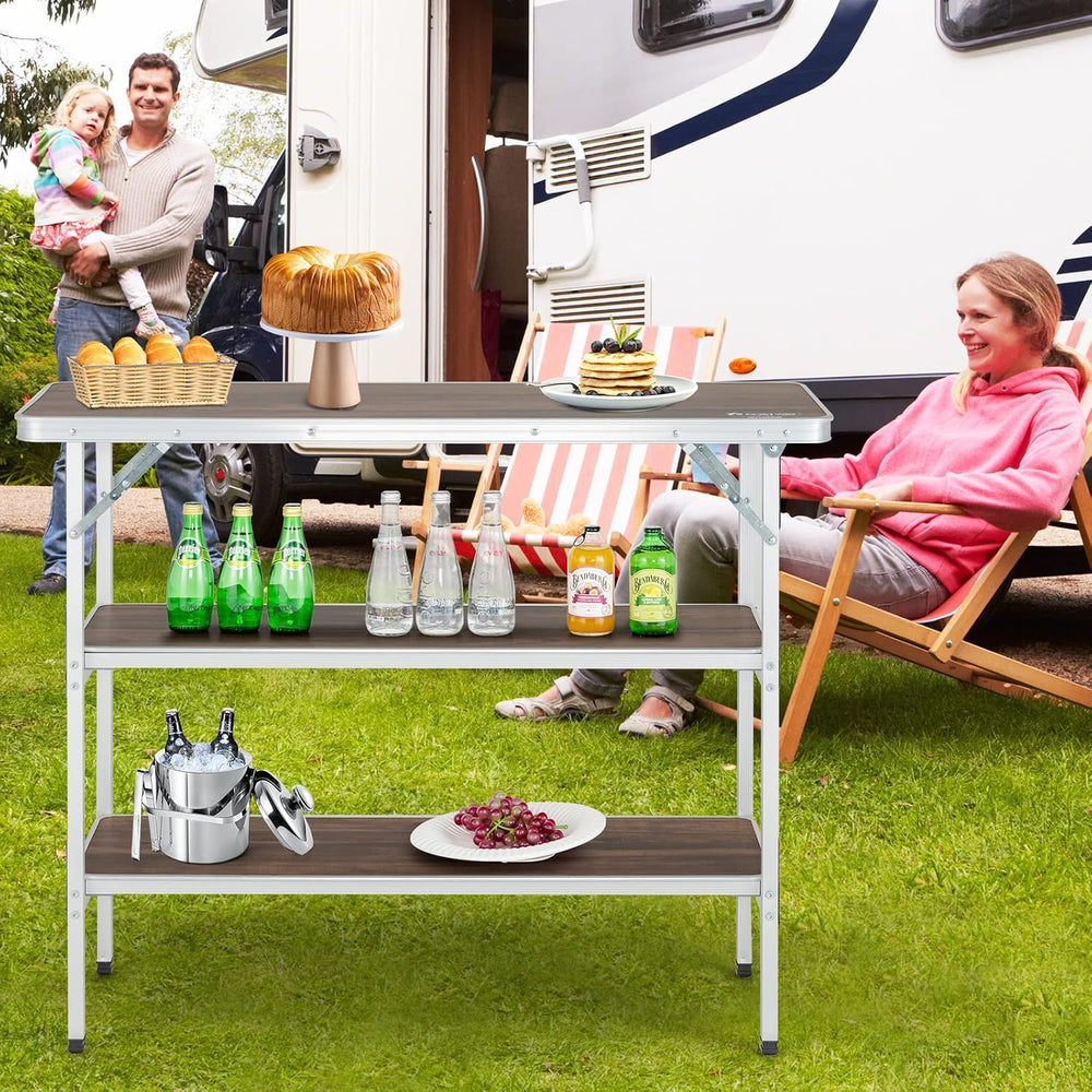 Goplus Folding Camping Table, Aluminum Portable Pop-Up Bar Table with 2-Tier ...
