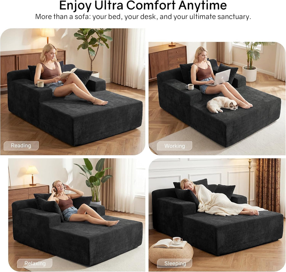 66" Chaise Lounge Chair Indoor, Oversized Boneless Lounge Chair with 3 P...