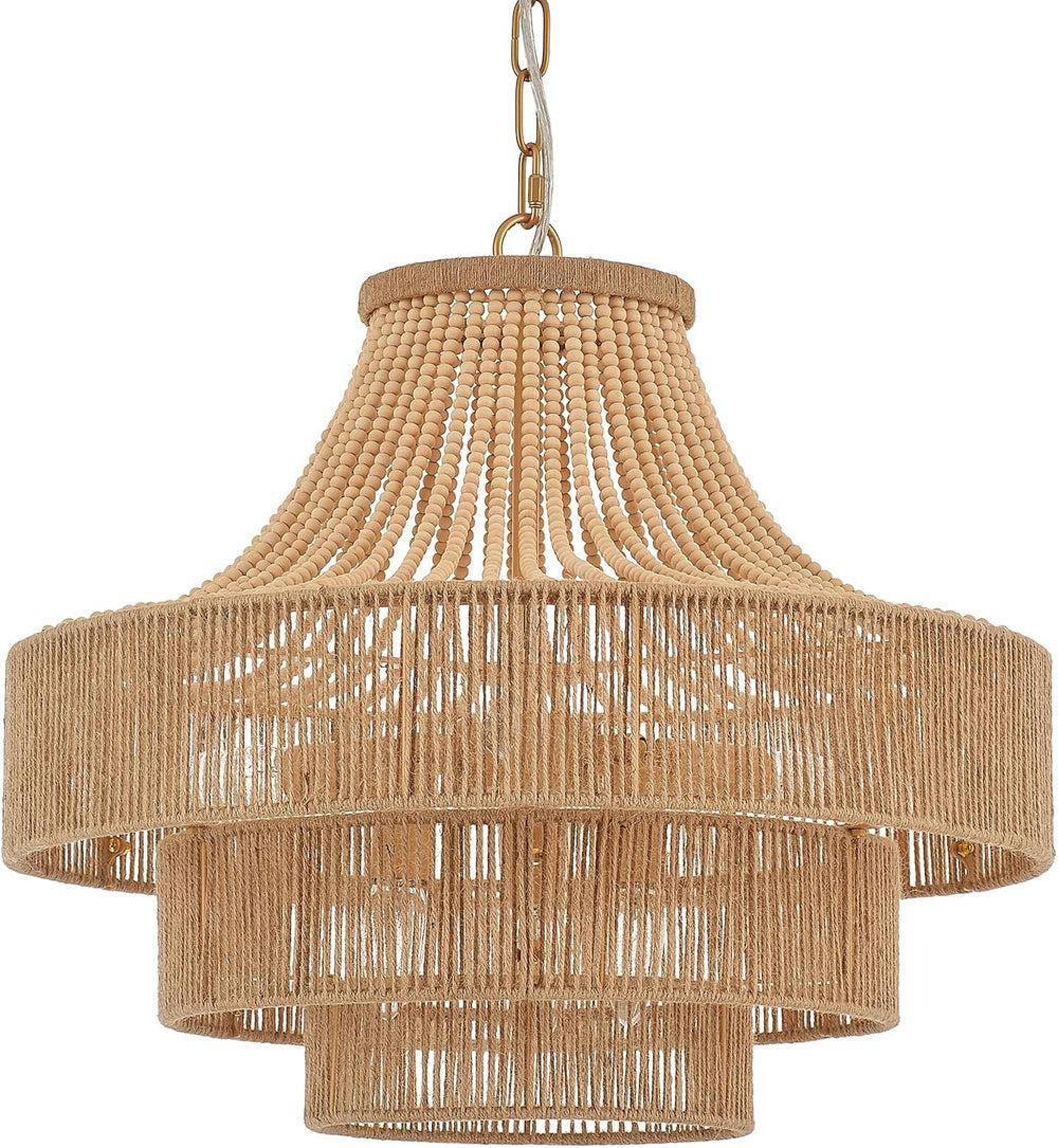 Wood Beaded Rattan Chandelier Boho Hand Woven Pendant Light 6-Lights Adjustab...