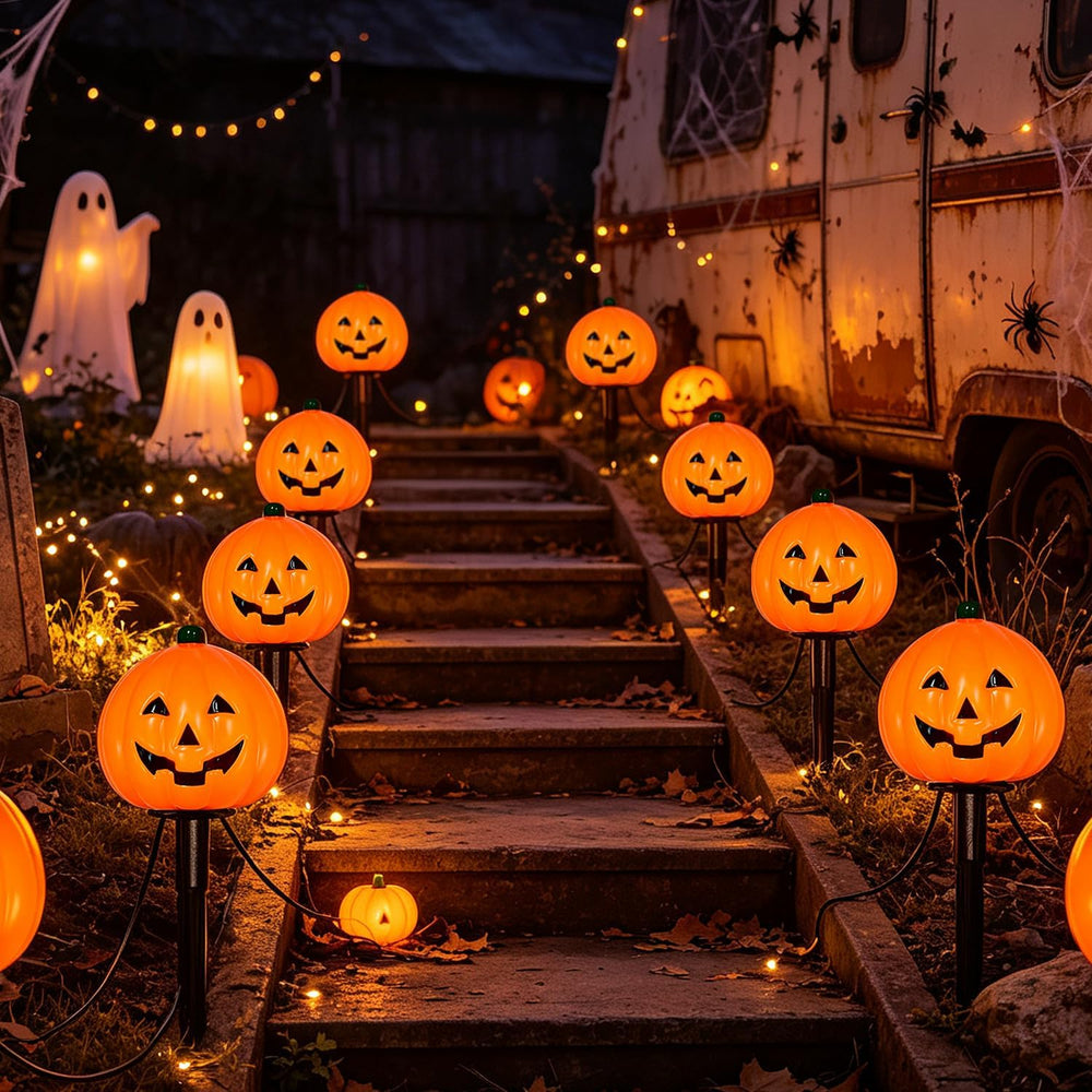 2 Sets 7Ft Halloween Pathway Lights Outdoor Pumpkin Stake Light with 4 Jack-O...