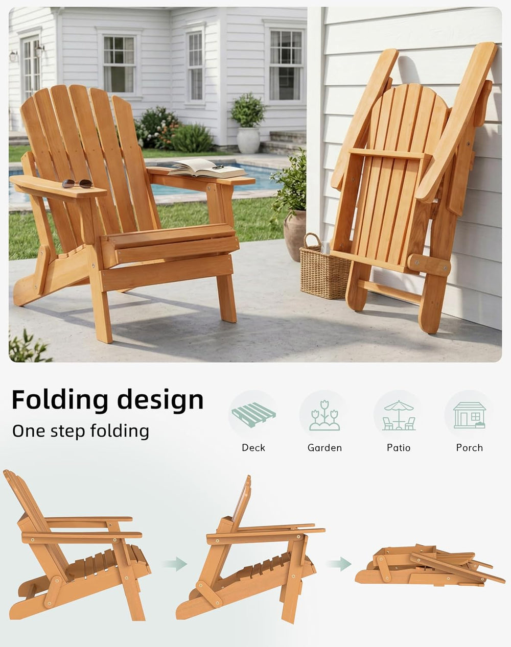 Oversized Wooden Folding Adirondack Chair with Pre-Assembled Backrest and Sea...