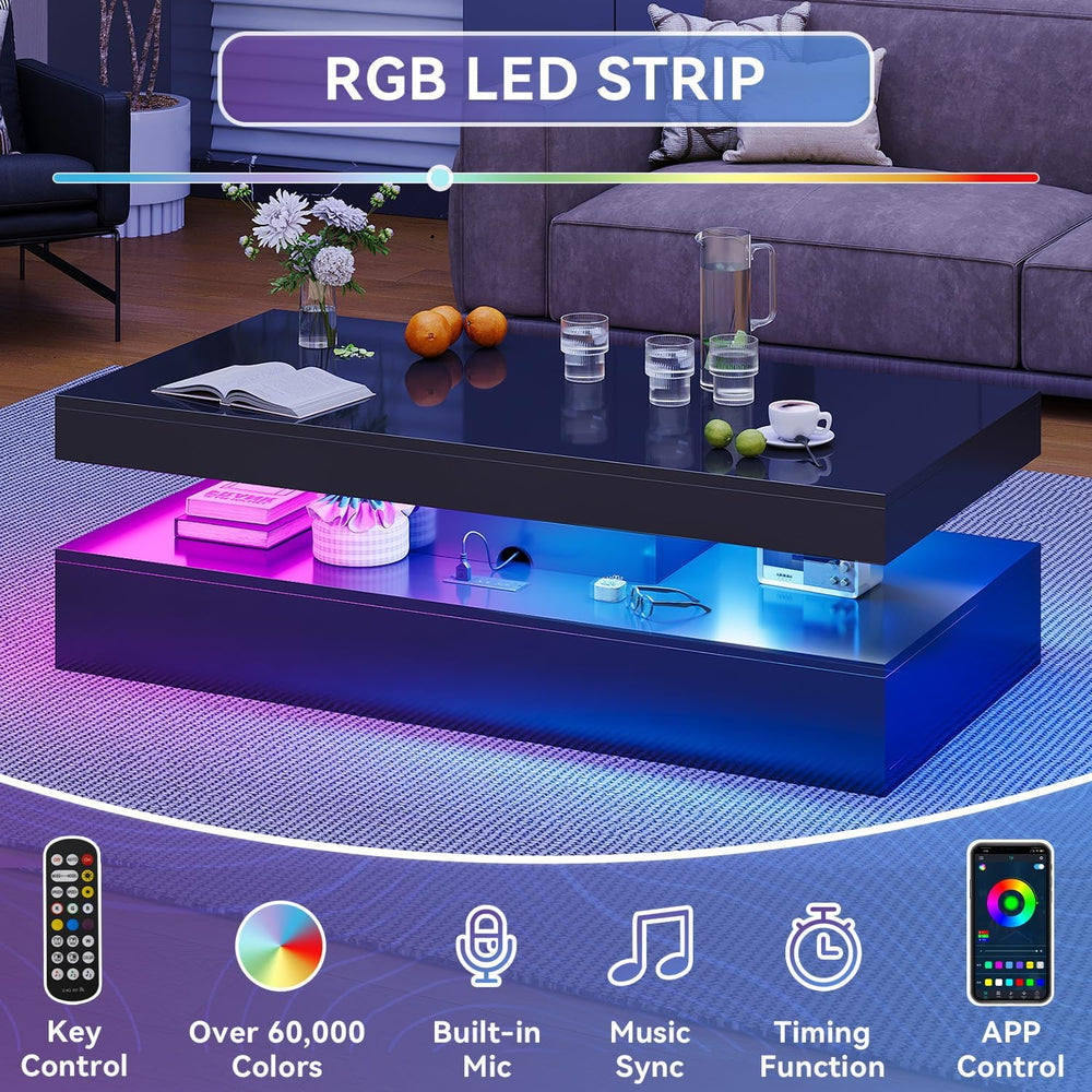 47" High-Glossy LED Coffee Table with 2 Sliding Drawers,Black