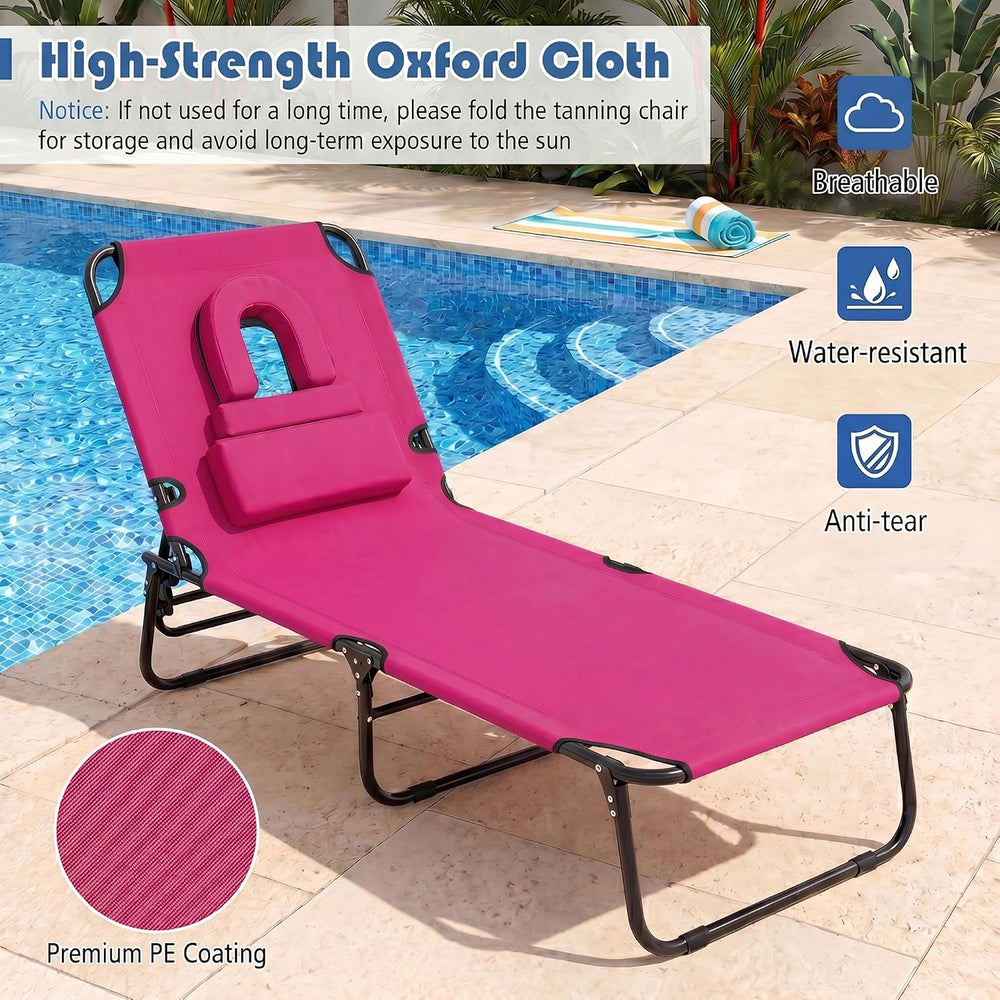 Goplus Tanning Chair, Folding Beach Lounge Chair with Face Hole, Removable Pi...