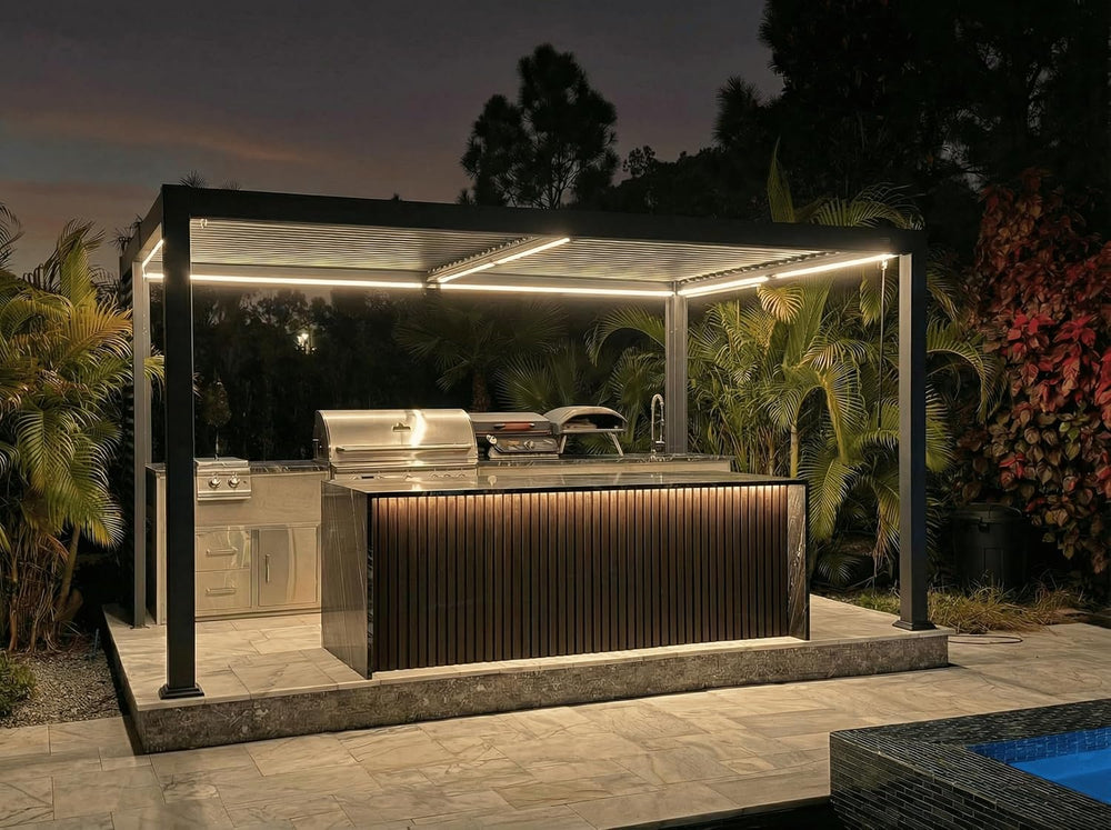 PURPLE LEAF 92KS Louvered Pergola 10' x 14' with LED Strip Lights, Gray