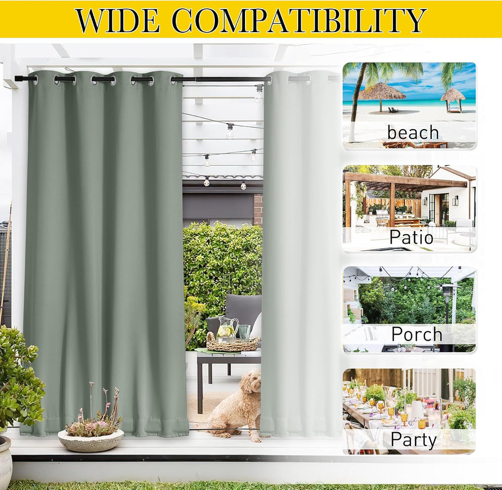 NICETOWN Windproof Outdoor Curtains for Patio Waterproof W66xL90 Sage Green