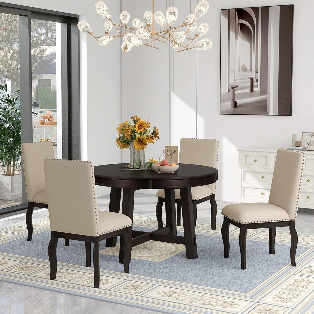 Merax Farmhouse Dining Table Set - Wood Round Extendable Dining Table and 4 U...