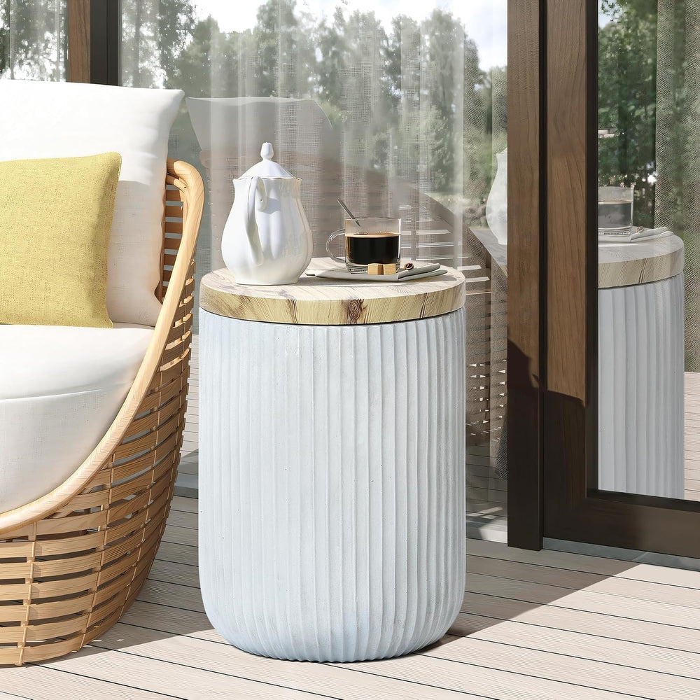 LuxenHome 18" Cement Outdoor Side Table with Storage and Wood-Look Lid