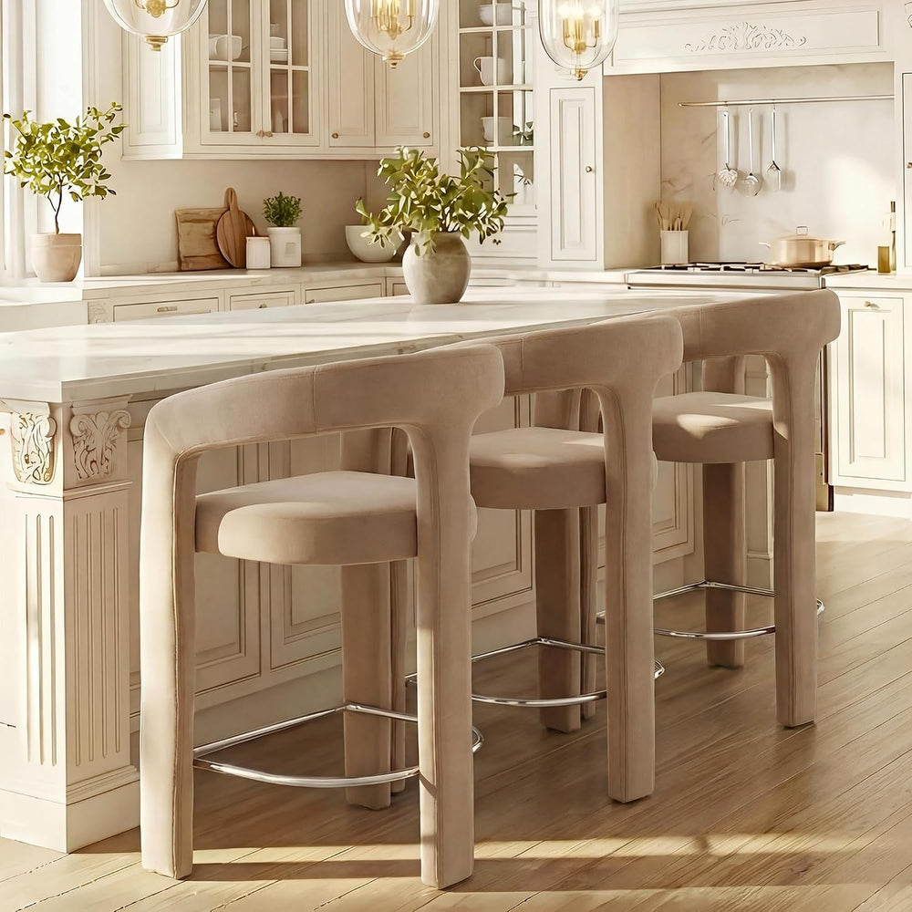 HNY Modern Barrel Bar Stools Set of 3, 26 Inch Upholstered Velvet Counter Hei...
