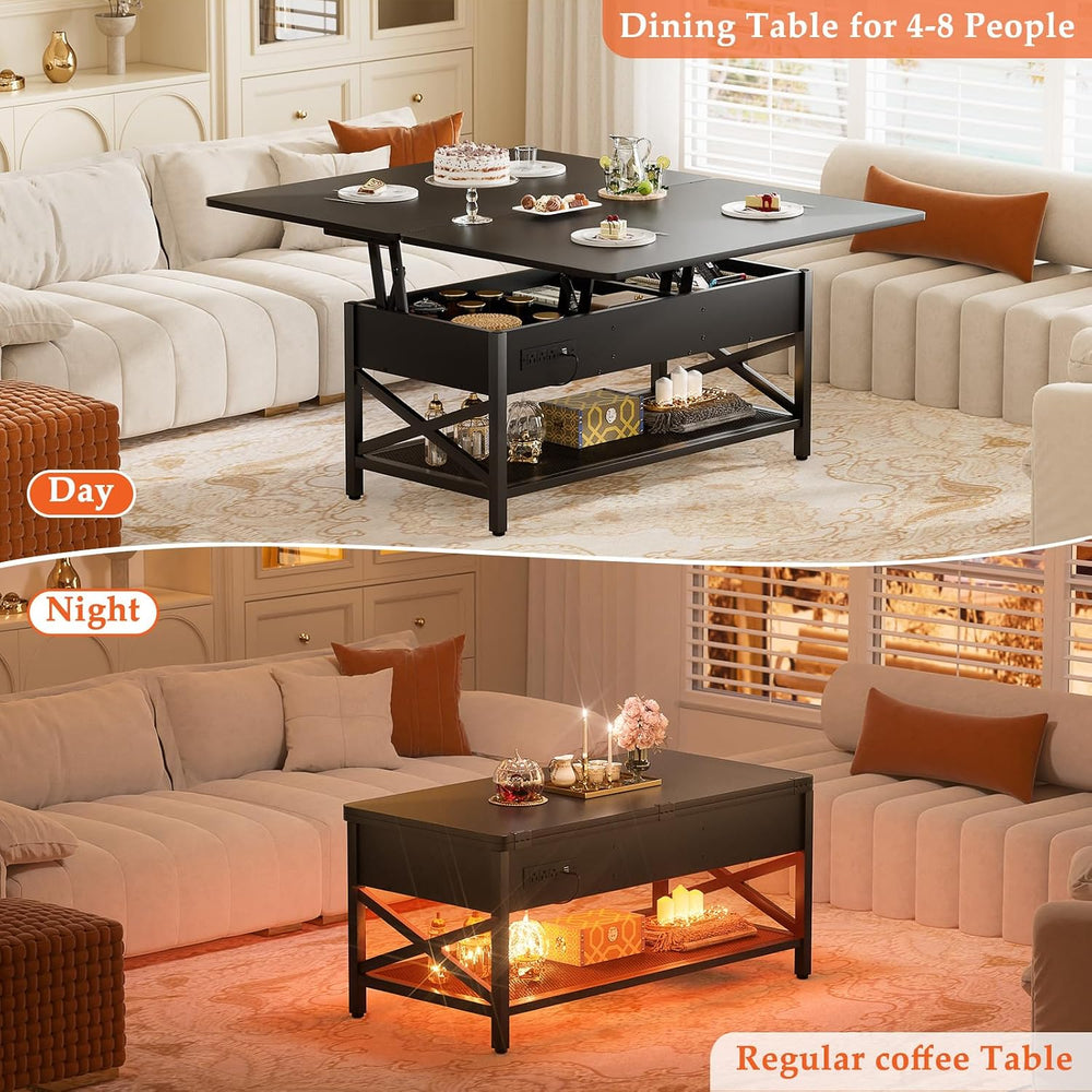 Aheaplus Lift Top Coffee Table with LED Light,Power Outlet & Shelves- Black