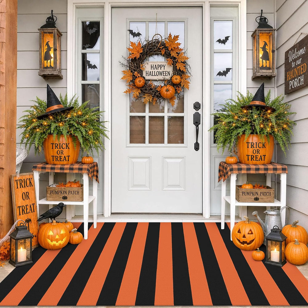 IOHOUZE Fall Striped Outdoor Rug 4x6, Washable Porch, Orange Black