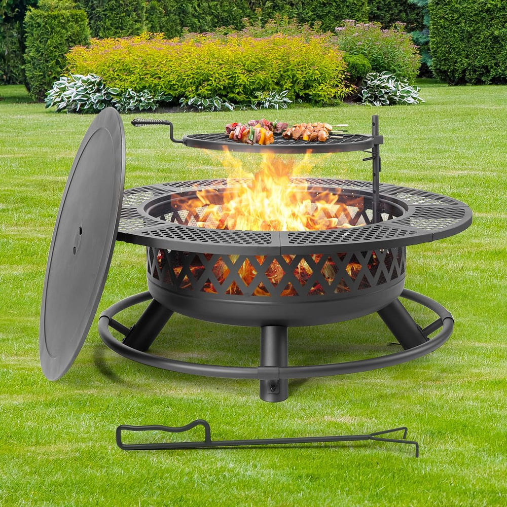 Panovue 42 Inch Outdoor Fire Pit with Grill Wood Burning 3-in-1 Firepit