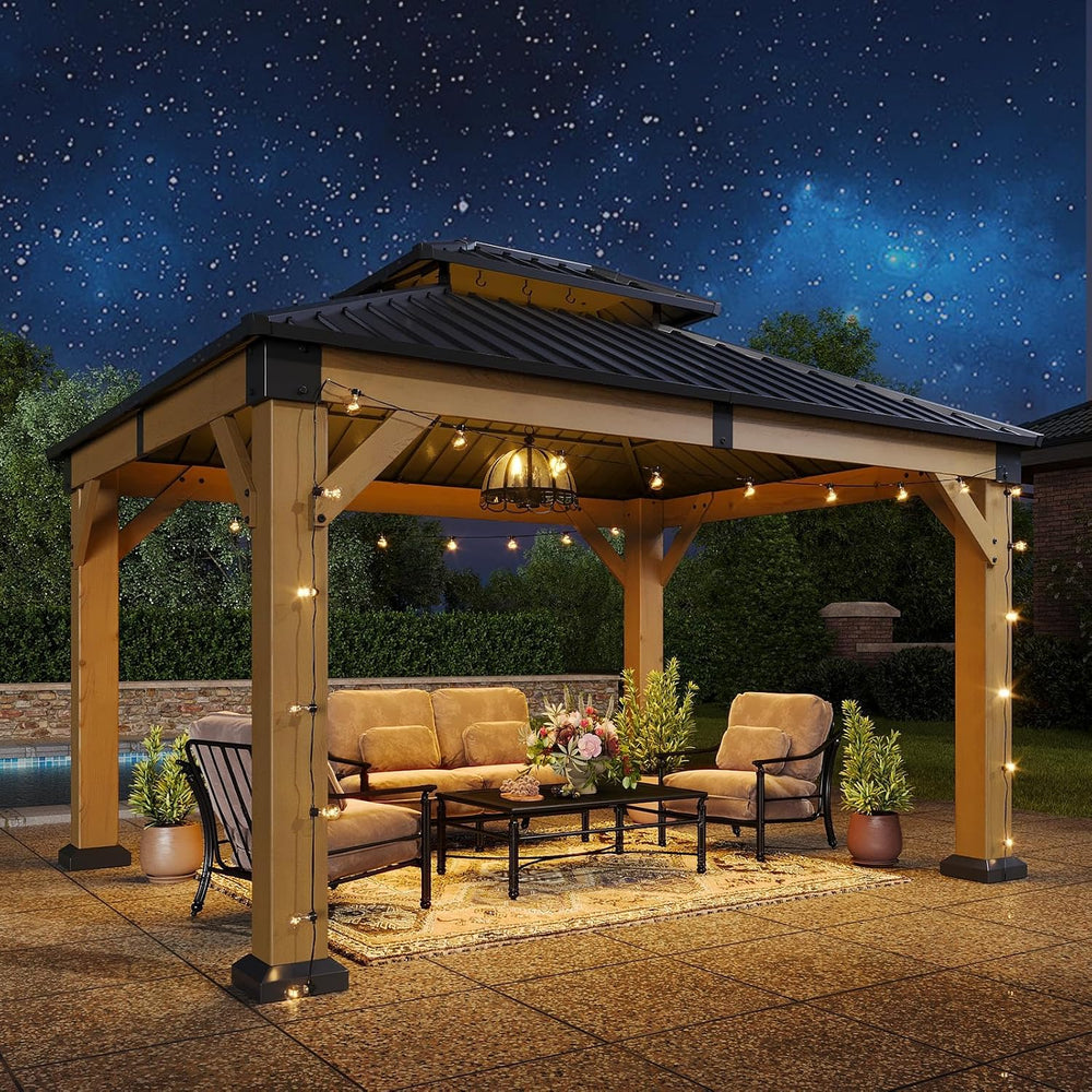 Aoxun 10' x 12' Patio Wood Gazebo Cedar Wood, Natural