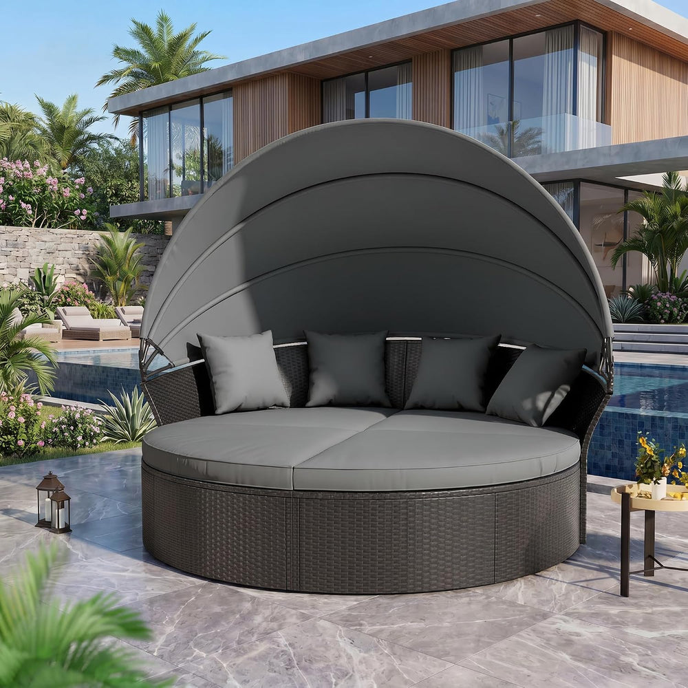 Crownland Round Patio Daybed with Retractable Canopy, Clamshell Wicker Sectio...