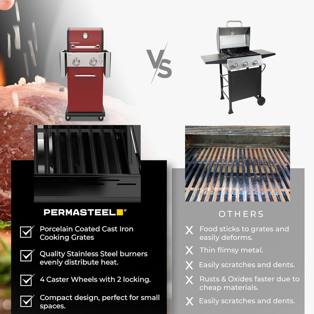 Permasteel 2-Burner Propane Gas Grill, BBQ Grill with Foldable Side Tables &a...