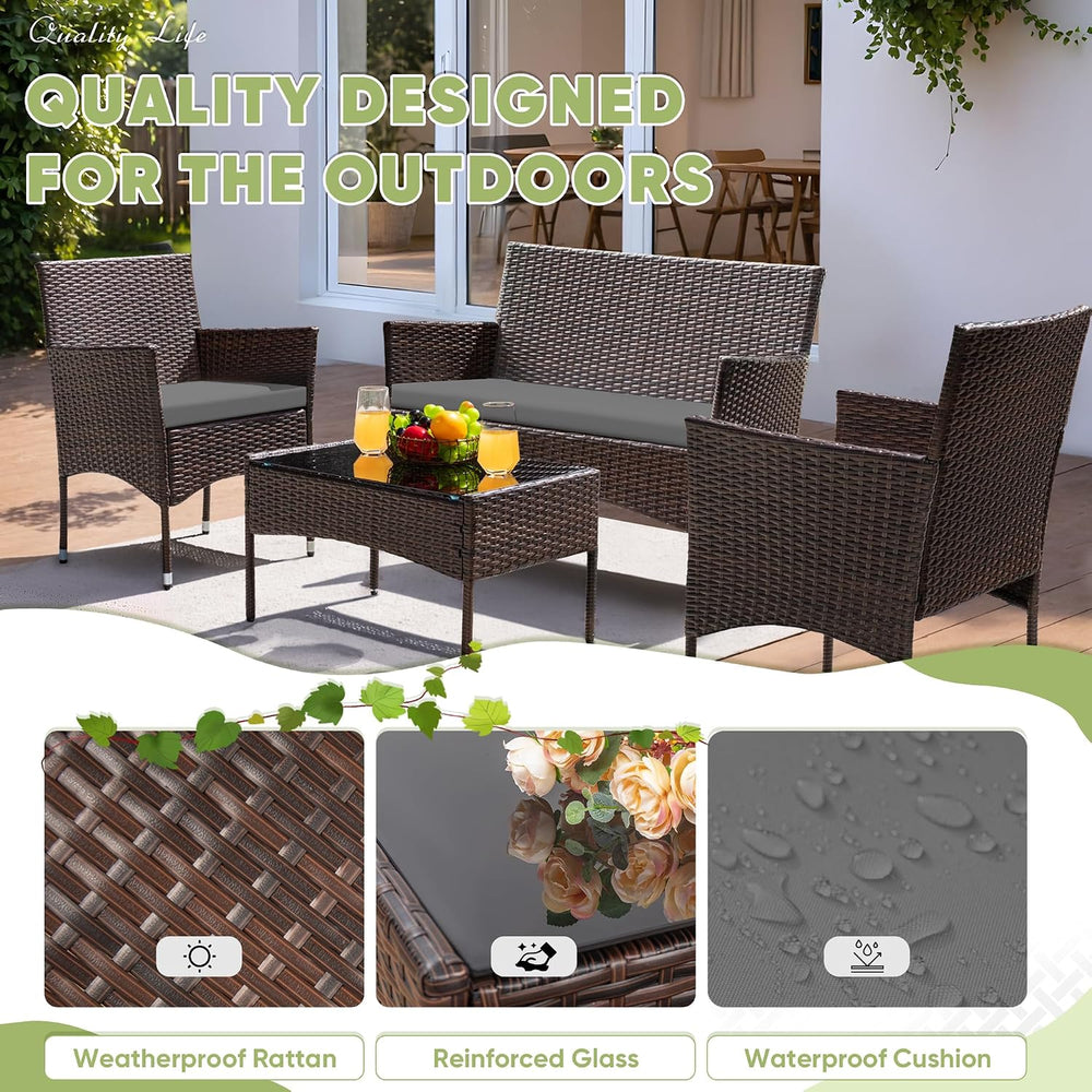 Greesum 4 Pieces Patio Furniture Conversation Sets,Brown and Gray