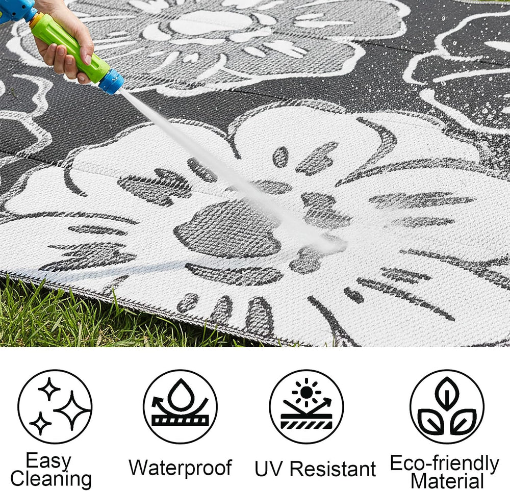 8'x10' Black and White Floral Outdoor Rug, Waterproof Double-Sided