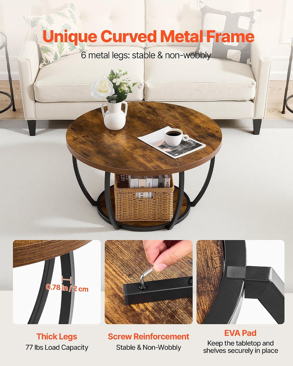VEVOR Round Coffee Table, 31.5" Modern Coffee Table, 2 Tiers Wooden Circ...